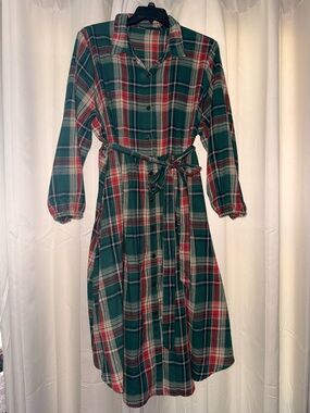 BloomChic Green and Red Plaid Button-Front Shirt Dress